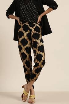 Black Floral Foil Tulip Pants