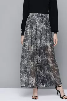 Grey Animal Lurex Print Wide Leg Pants