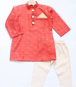 Orange printed cotton boys-kurta-pyjama