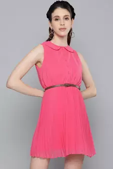 Fuchsia Peterpan Sleeveless Pleated Belted Dress