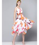 Orange Floral Asymmetric Belted Midi Dress