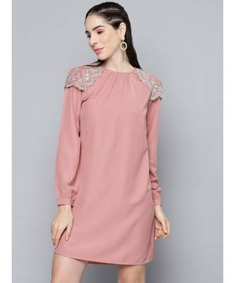 Onion Pink Shoulder Lace Patch Dress 1