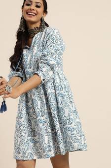 White & Blue Paisely Short Gathered Dress