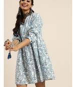 White & Blue Paisely Short Gathered Dress