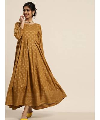 Mustard Foil Print Anarkali Maxi Dress 1