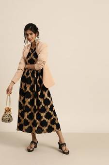 Black Foil Motif Print Bishop Sleeve Dress