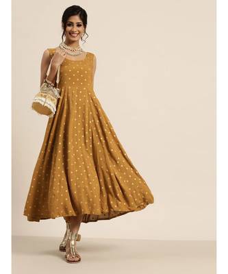 Mustard Foil Print Sleeveless Anarkali Dress 1