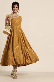 Mustard Foil Print Sleeveless Anarkali Dress