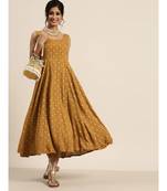 Mustard Foil Print Sleeveless Anarkali Dress