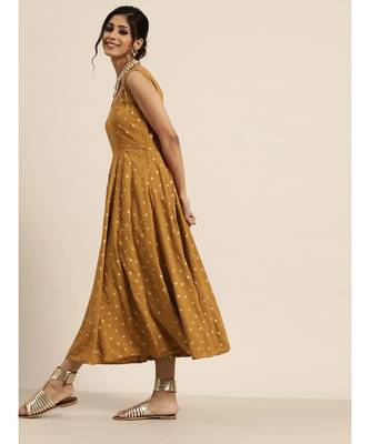 Mustard Foil Print Sleeveless Anarkali Dress 2