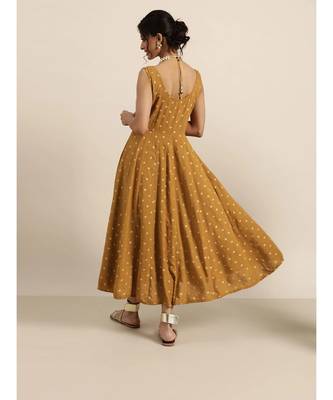 Mustard Foil Print Sleeveless Anarkali Dress 3