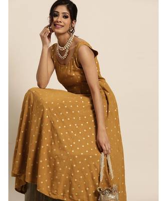 Mustard Foil Print Sleeveless Anarkali Dress 4