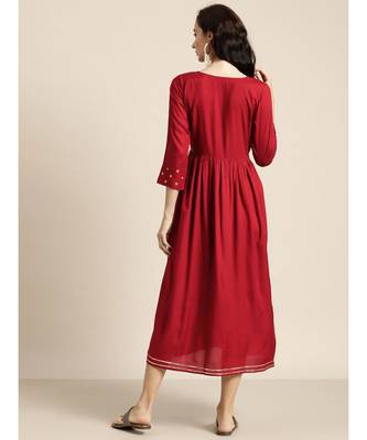 Maroon Foil Print Liva Dress With Jacket 2