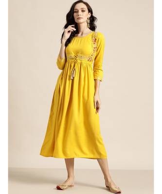 Yellow Zari Embroidered Liva Dress With Jacket 1
