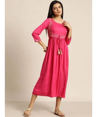 Fuchsia Zari Embroidered Liva Dress With Jacket 1