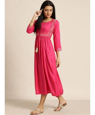 Fuchsia Zari Embroidered Liva Dress With Jacket 2