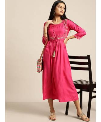 Fuchsia Zari Embroidered Liva Dress With Jacket 4