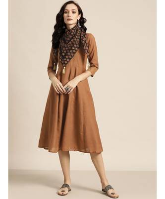 Brown Anarkali Dress With Printed Scarf 1