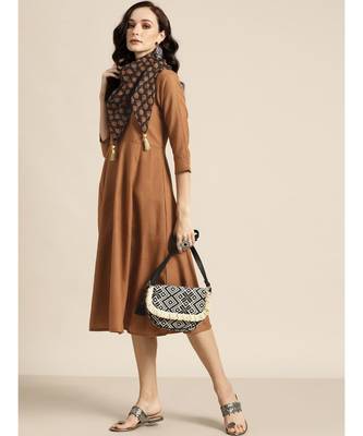 Brown Anarkali Dress With Printed Scarf 2