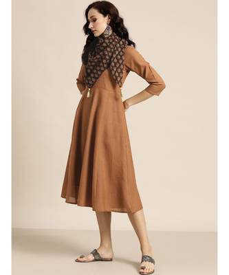 Brown Anarkali Dress With Printed Scarf 4