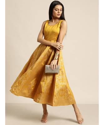 Mustard Foil Print Sleeveless Anarkali Maxi Dress 1