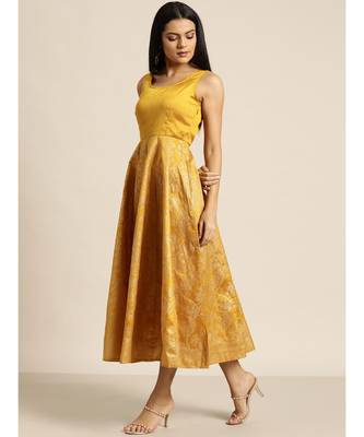 Mustard Foil Print Sleeveless Anarkali Maxi Dress 2