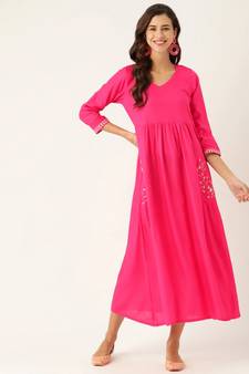 Fuchsia Pocket Embroidered Gathered Kurta Dress