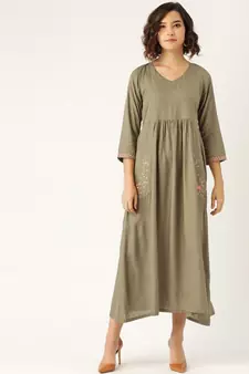 Olive Pocket Embroidered Gathered Kurta Dress