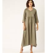 Olive Pocket Embroidered Gathered Kurta Dress