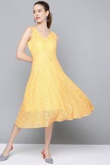 Yellow Lace V-Neck Midi Dress