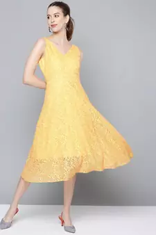 Yellow Lace V-Neck Midi Dress