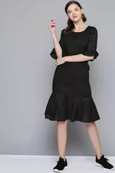 Black Schiffli Frill Hem Midi Dress