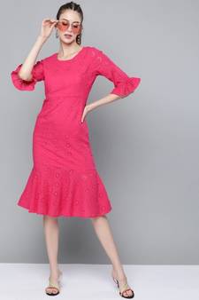 Fuchsia Schiffli Frill Hem Midi Dress