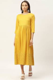 Mustard Schiffli Gathered Midi Dress