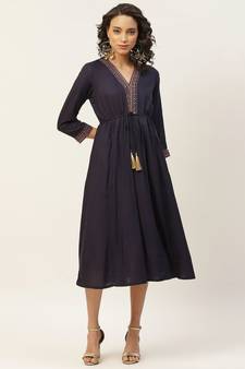 Navy V-Neck Embroidery Anarkali Dress