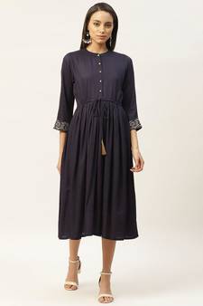 Navy Zari Floral Embroidery Drawstring Dress