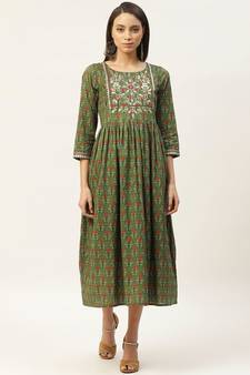 Olive Floral Zari Embroidery Gathered Dress