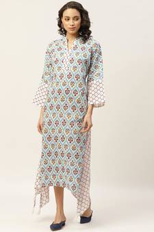 Blue Floral Neck Band Kaftan