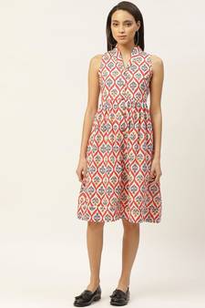 Red Floral Shawl Collar Front Open Dress