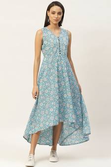 Blue Floral High Low Flared Maxi Dress