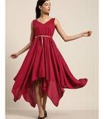 Maroon Asymmetric Belted Dress