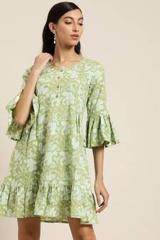 Olive Floral Frill Hem Tiered Dress