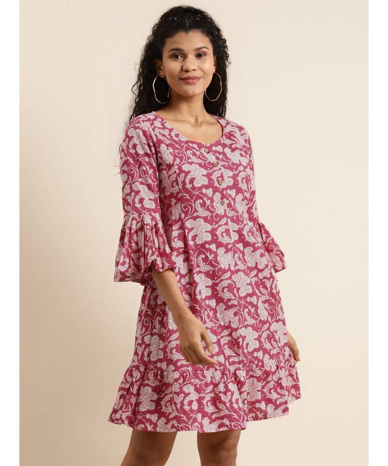 Fuchsia Floral Frill Hem Tiered Dress SASSAFRAS 3609278
