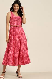 Pink Scallop Print Sleeveless Anarkali Dress