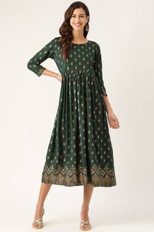 Emerald Booti Floral Border Print Gathered Dress