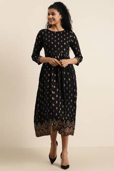 Black Booti Floral Border Print Gathered Dress