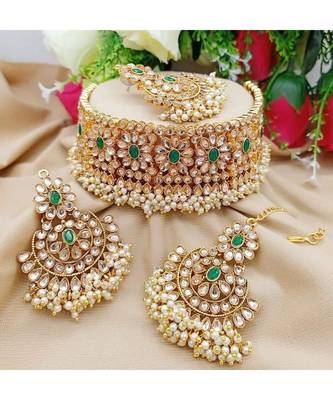Green kundan White Gold Alloy necklace sets 1