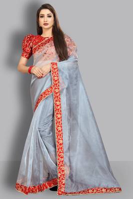 Grey embroidered organza saree with blouse 1