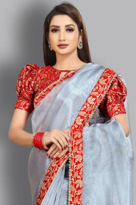 Grey embroidered organza saree with blouse 2