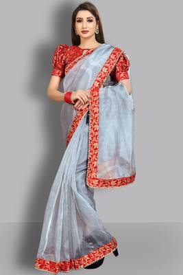 Grey embroidered organza saree with blouse 3